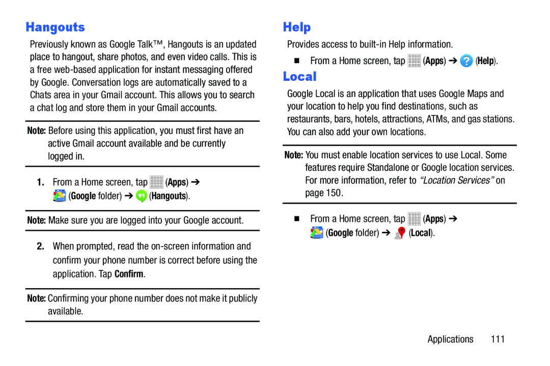 Samsung SMT217TMKATMB, Tab3 user manual Hangouts, Help 