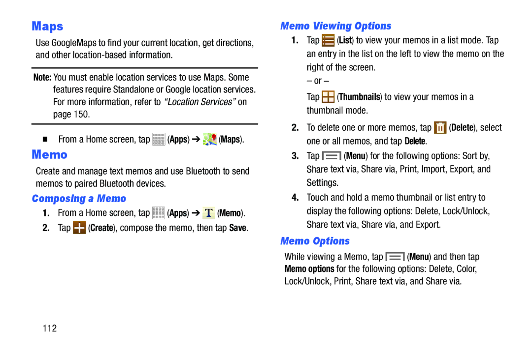 Samsung Tab3, SMT217TMKATMB user manual Maps, Composing a Memo, Memo Viewing Options, Memo Options 