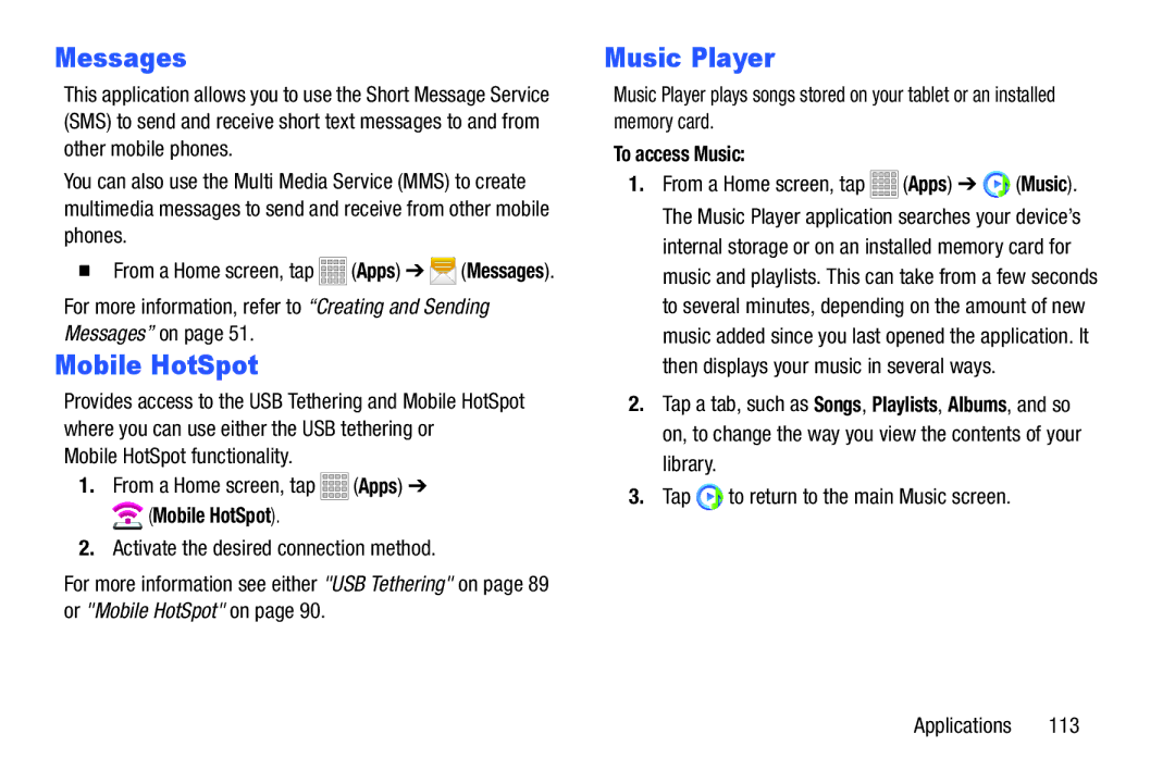 Samsung SMT217TMKATMB, Tab3 user manual Messages, Music Player, Mobile HotSpot functionality, To access Music 