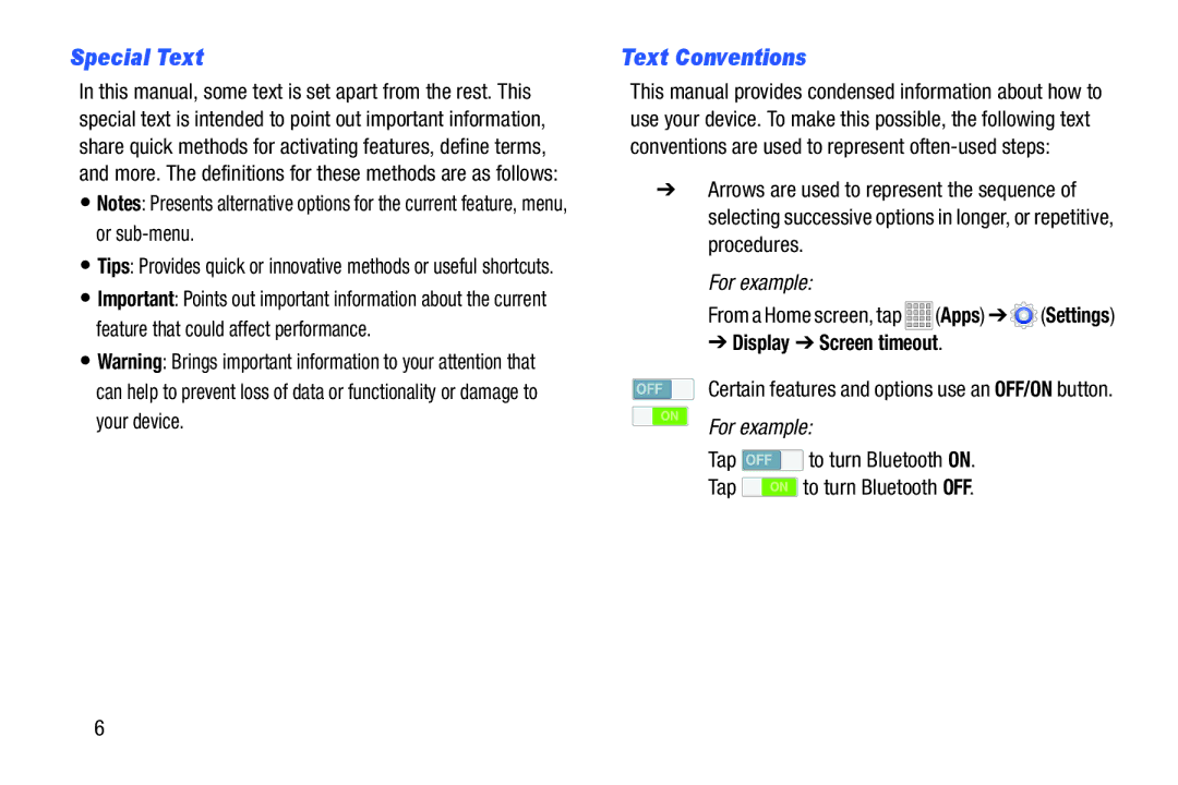 Samsung Tab3 Special Text, Text Conventions, Display Screen timeout, Tap to turn Bluetooth on Tap to turn Bluetooth OFF 