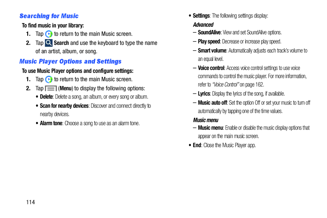 Samsung Tab3, SMT217TMKATMB Searching for Music, Music Player Options and Settings, To find music in your library 