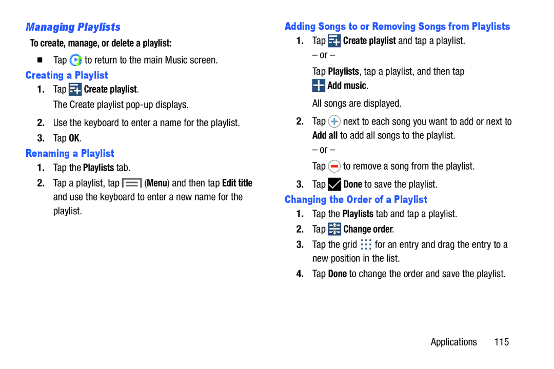 Samsung SMT217TMKATMB, Tab3 Managing Playlists, Creating a Playlist, Renaming a Playlist, Changing the Order of a Playlist 