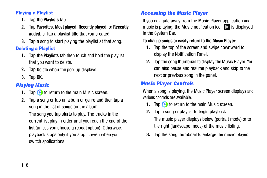 Samsung Tab3 Playing Music, Accessing the Music Player, Music Player Controls, Playing a Playlist, Deleting a Playlist 