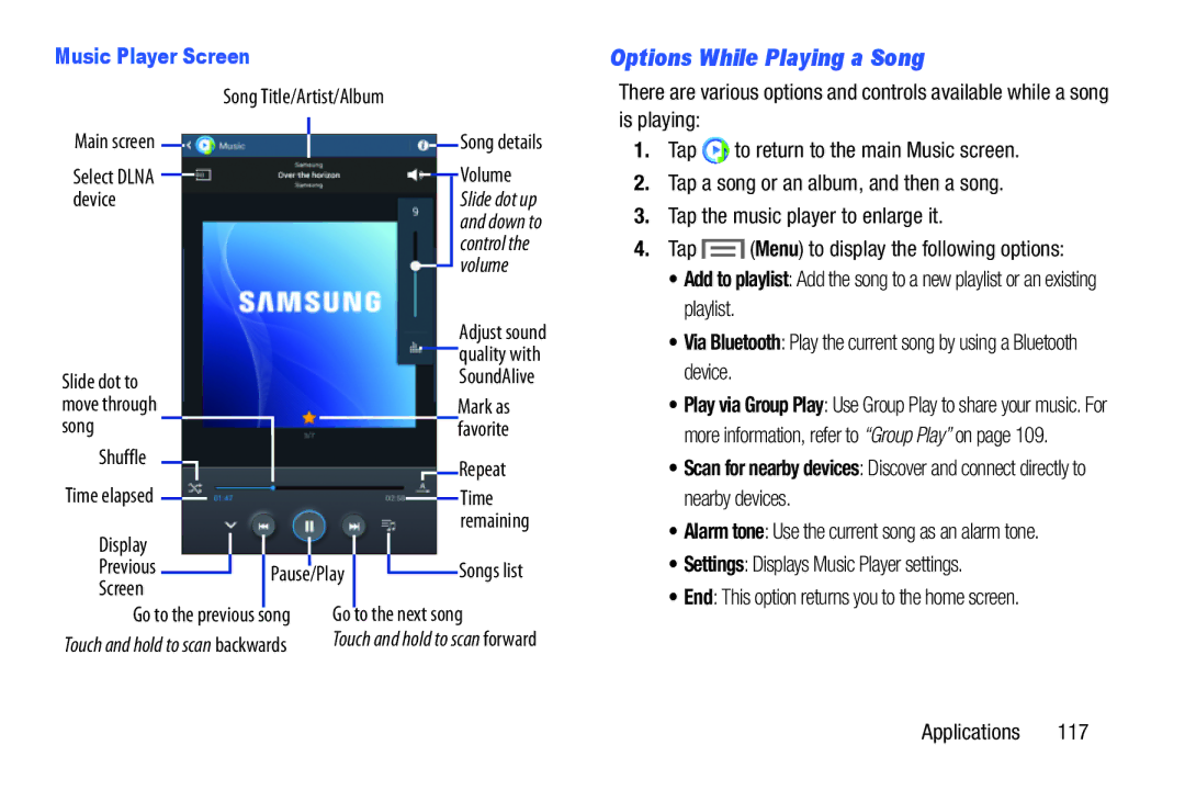 Samsung SMT217TMKATMB, Tab3 user manual Options While Playing a Song, Music Player Screen 