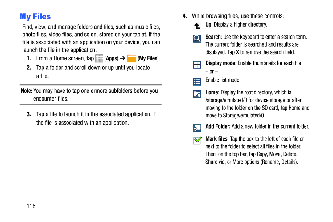 Samsung Tab3, SMT217TMKATMB My Files, Tap a folder and scroll down or up until you locate a file, Enable list mode 