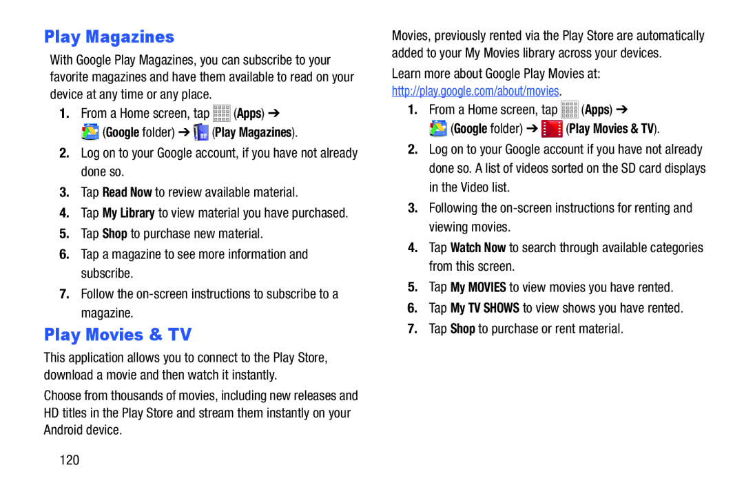 Samsung Tab3, SMT217TMKATMB user manual Google folder Play Magazines, Google folder Play Movies & TV 