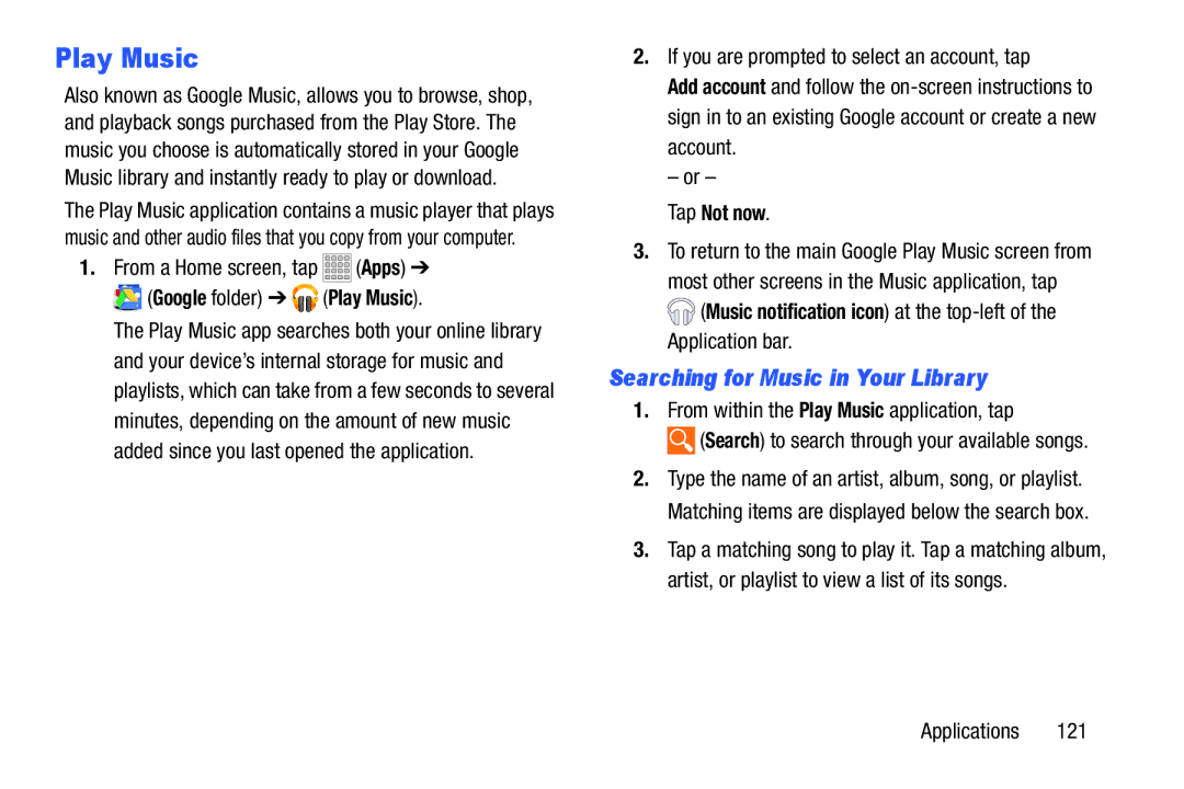 Samsung SMT217TMKATMB, Tab3 user manual Play Music, Searching for Music in Your Library, Tap Not now 