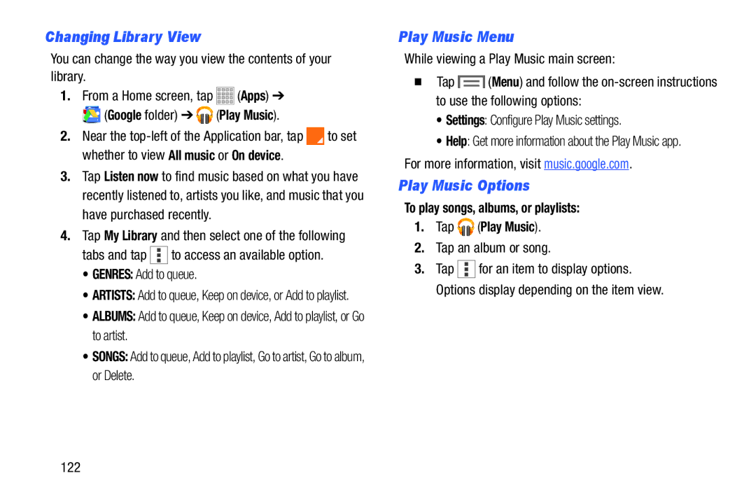 Samsung Tab3, SMT217TMKATMB user manual Changing Library View, Play Music Menu, Play Music Options 
