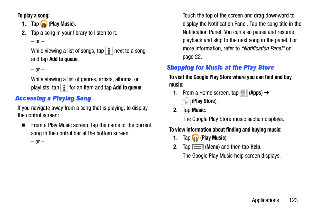 Samsung SMT217TMKATMB, Tab3 Accessing a Playing Song, Shopping for Music at the Play Store, To play a song Tap Play Music 