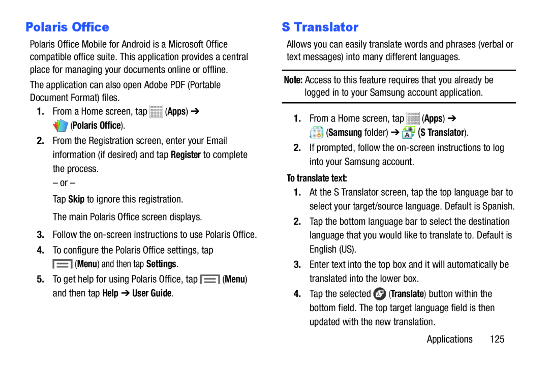 Samsung SMT217TMKATMB, Tab3 user manual Polaris Office, Samsung folder S Translator, To translate text 