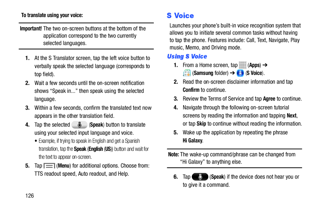 Samsung Tab3 Using S Voice, To translate using your voice, Review the Terms of Service and tap Agree to continue 