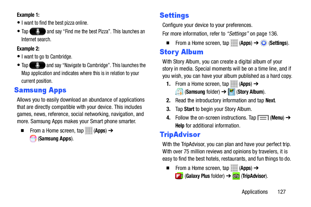 Samsung SMT217TMKATMB, Tab3 user manual Samsung Apps, Settings, Story Album, TripAdvisor 