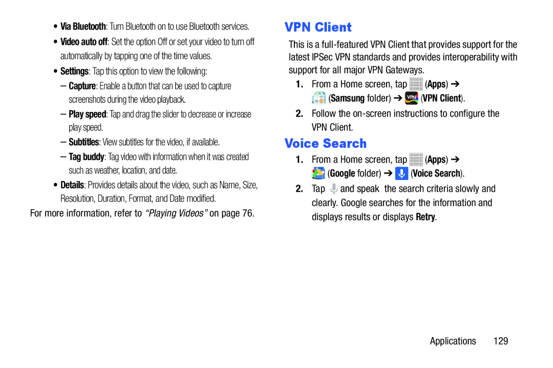 Samsung SMT217TMKATMB, Tab3 user manual VPN Client, Voice Search, Settings Tap this option to view the following 