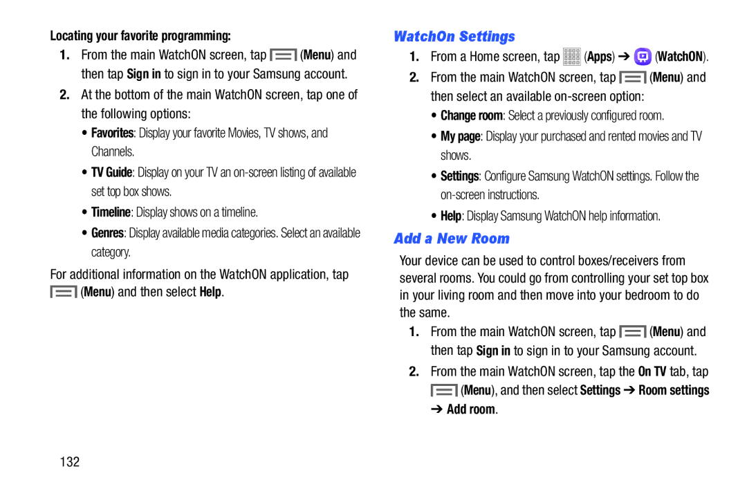 Samsung Tab3, SMT217TMKATMB user manual WatchOn Settings, Add a New Room, Locating your favorite programming, 132 