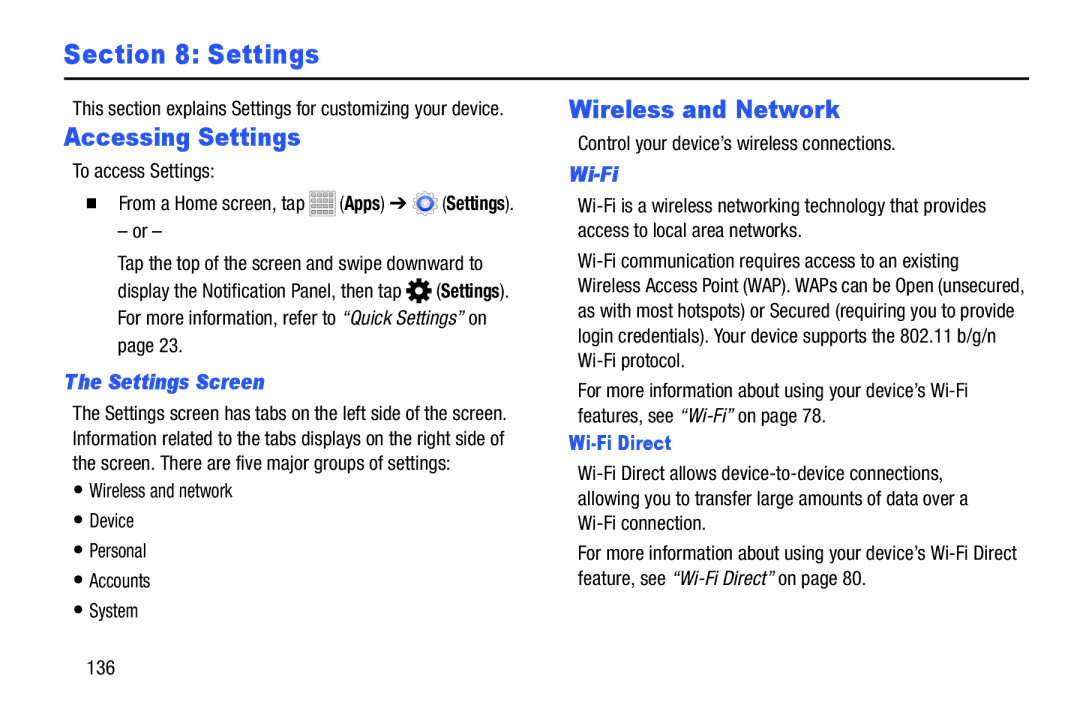 Samsung Tab3, SMT217TMKATMB user manual Accessing Settings, Wireless and Network, Settings Screen, Wi-Fi Direct 