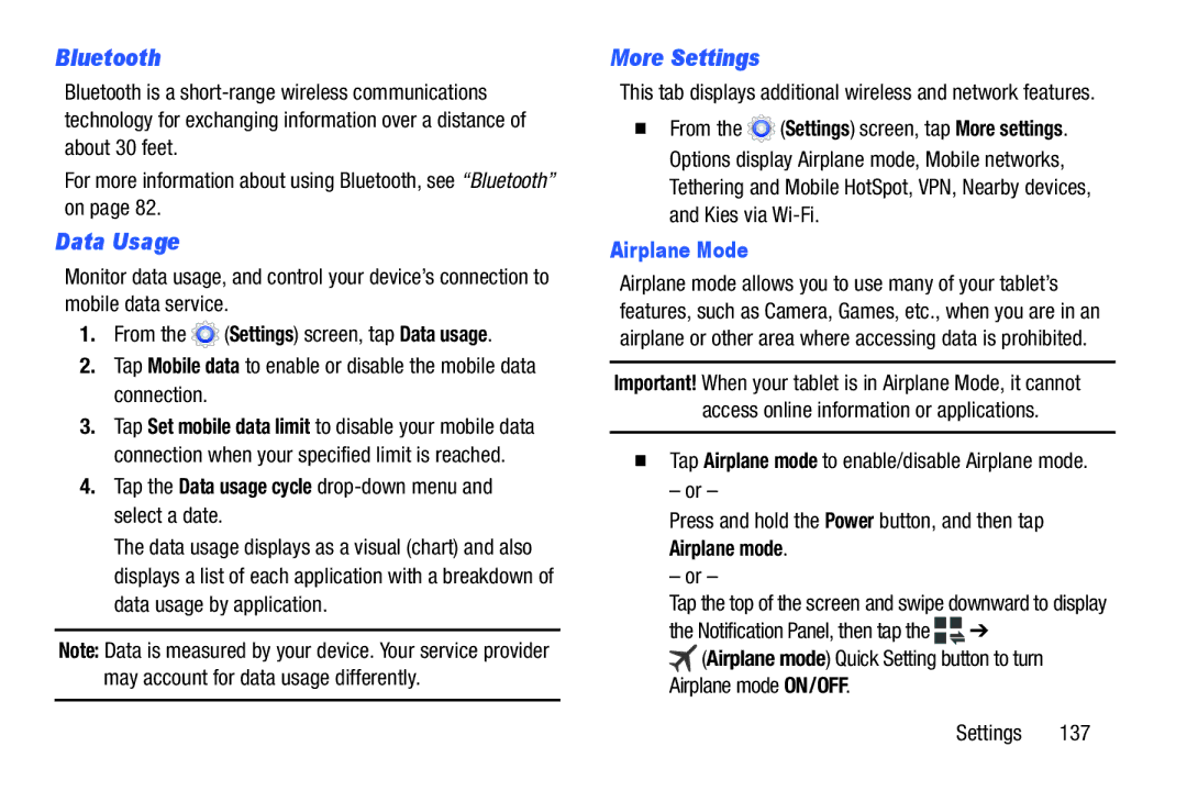 Samsung SMT217TMKATMB Bluetooth, Data Usage, More Settings, Tap the Data usage cycle drop-down menu and select a date 