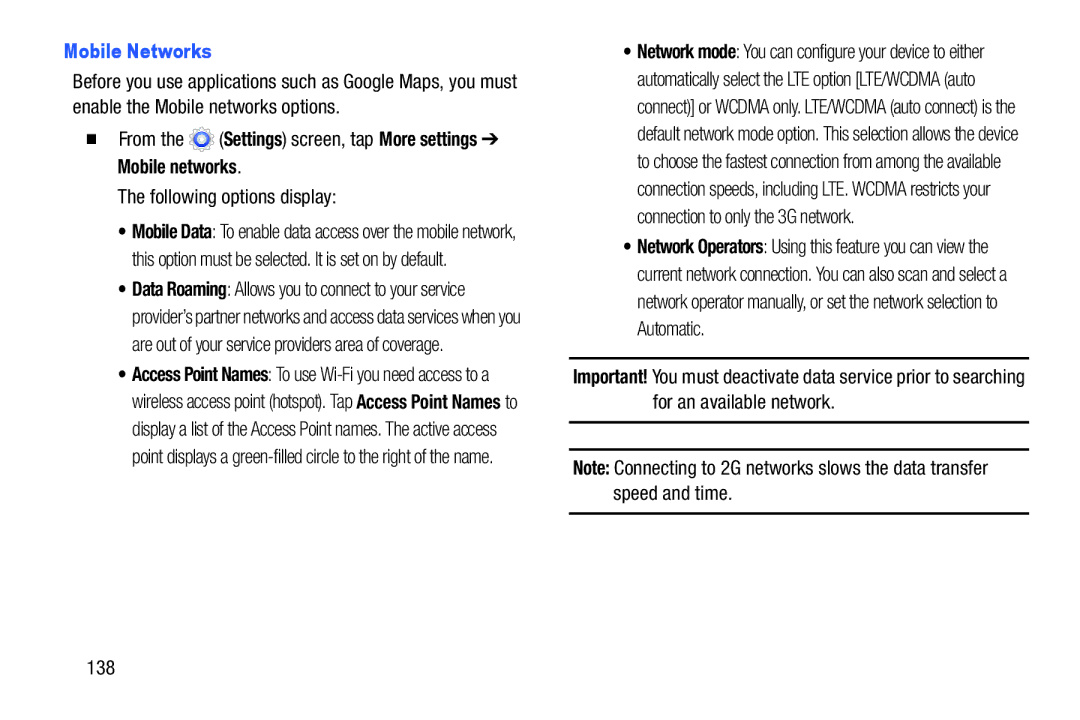 Samsung Tab3, SMT217TMKATMB user manual Mobile Networks, 138 