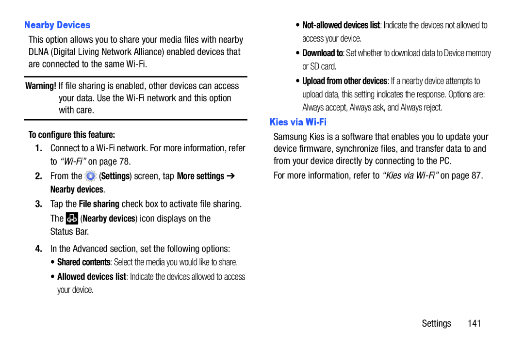 Samsung SMT217TMKATMB, Tab3 Nearby Devices, To configure this feature, Nearby devices icon displays on the Status Bar 