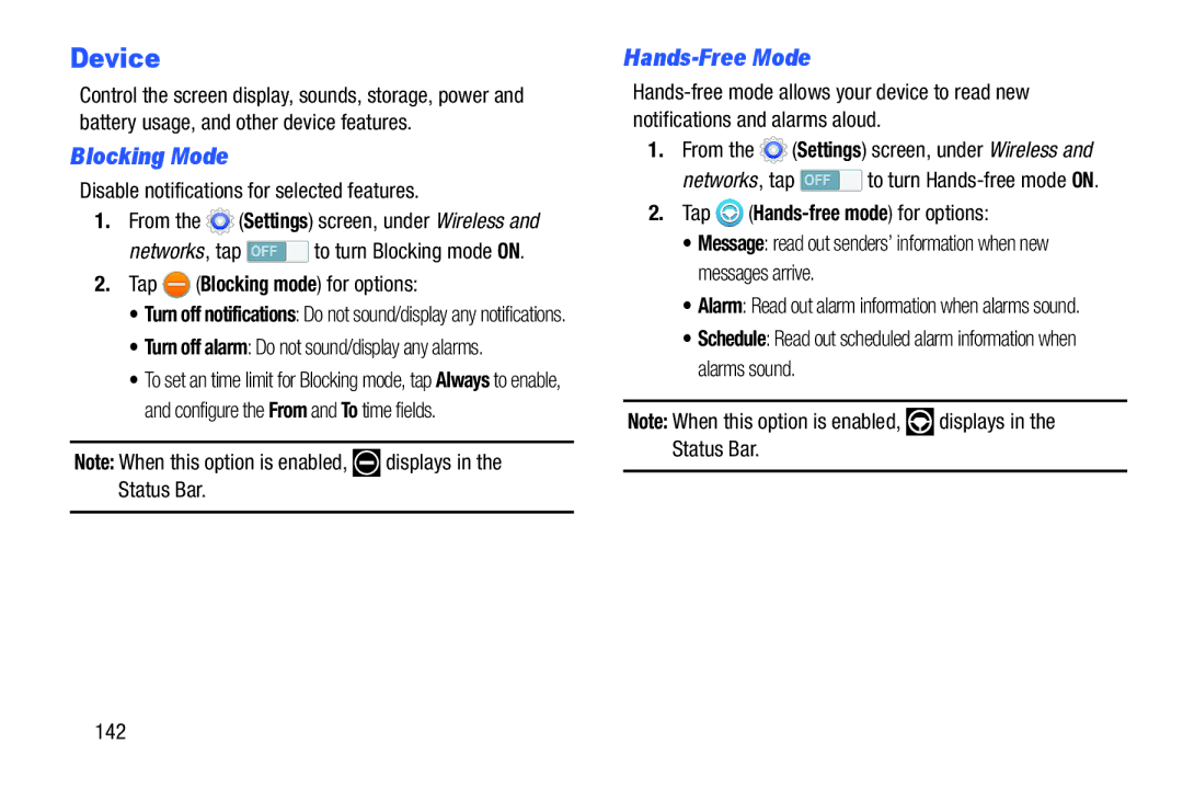 Samsung Tab3, SMT217TMKATMB user manual Device, Blocking Mode, Hands-Free Mode, Disable notifications for selected features 