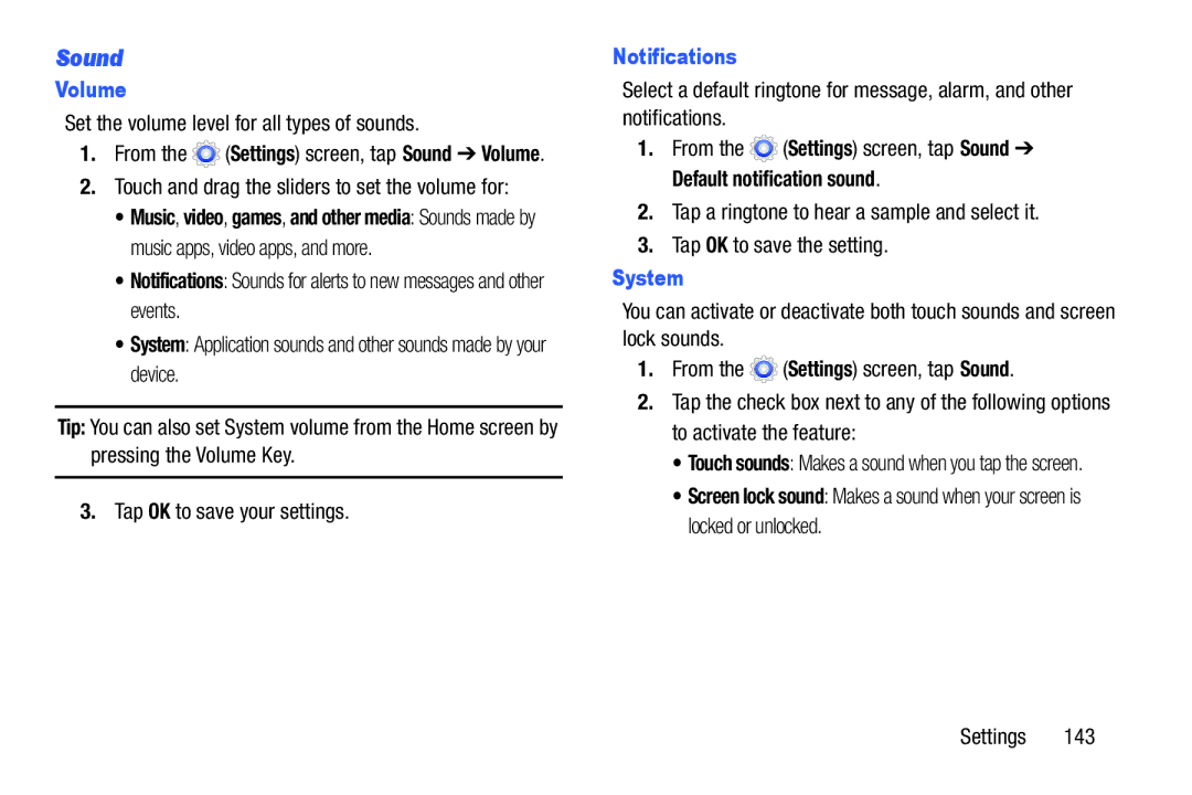 Samsung SMT217TMKATMB, Tab3 user manual Sound, Volume, Notifications, System 