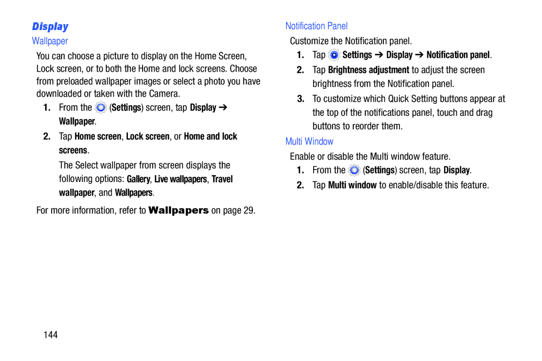 Samsung Tab3, SMT217TMKATMB user manual Display, Wallpaper, Notification Panel, Multi Window 
