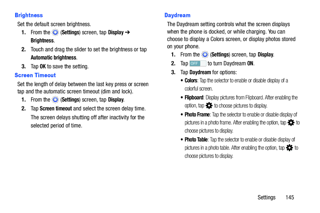 Samsung SMT217TMKATMB, Tab3 user manual Brightness, Screen Timeout, Daydream, Option, tap to choose pictures to display 