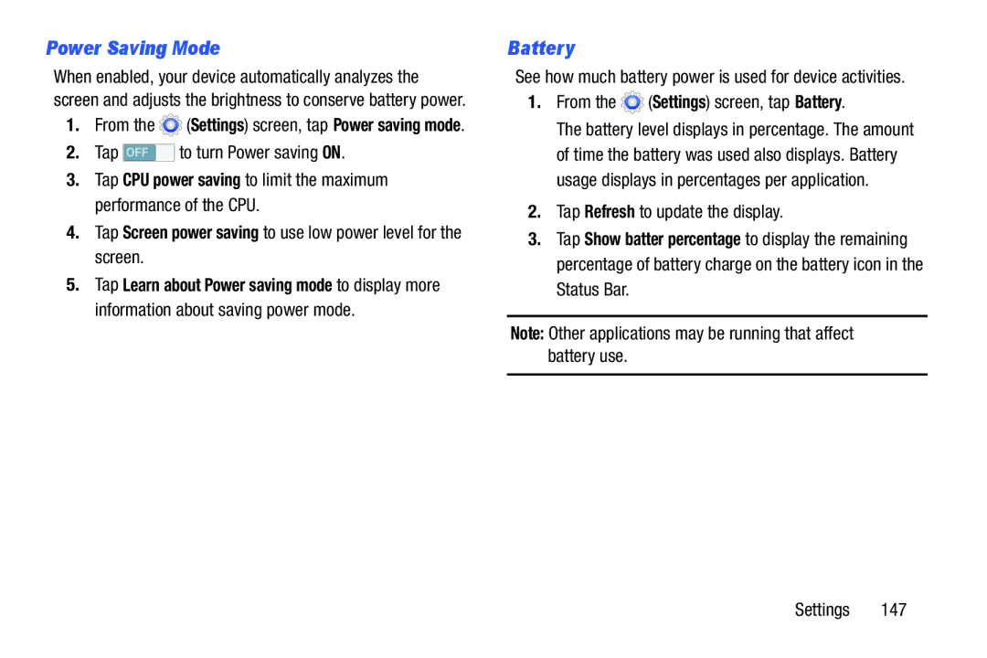 Samsung SMT217TMKATMB Power Saving Mode, From the Settings screen, tap Battery, Tap Refresh to update the display 