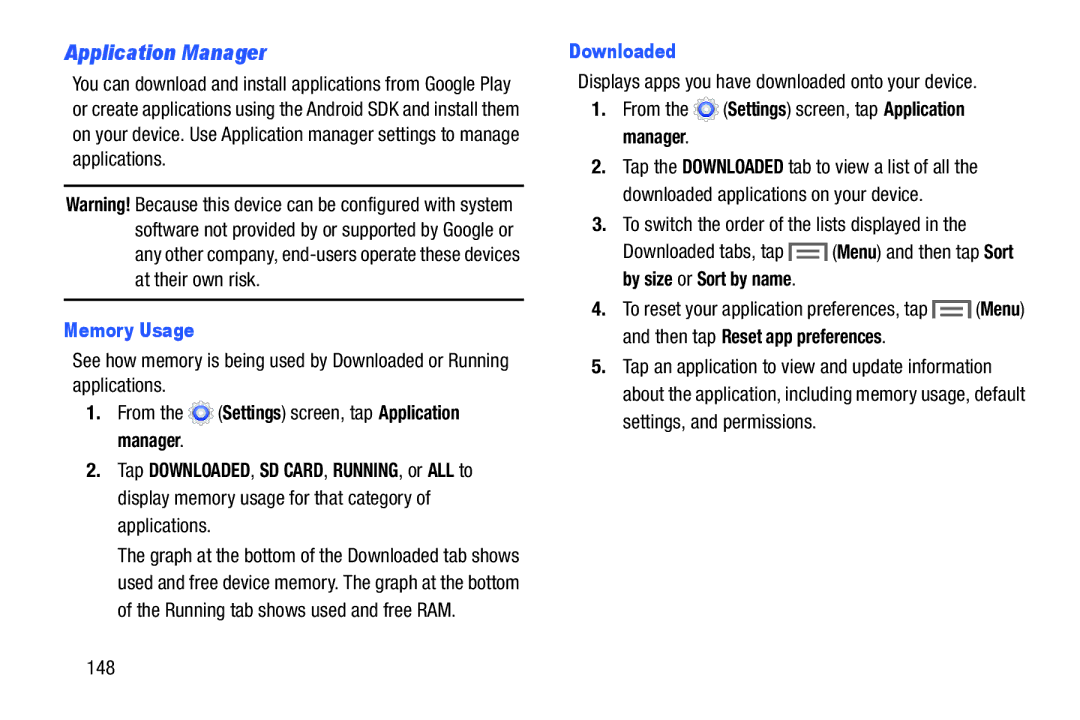 Samsung Tab3, SMT217TMKATMB user manual Application Manager, Memory Usage, Downloaded, 148 