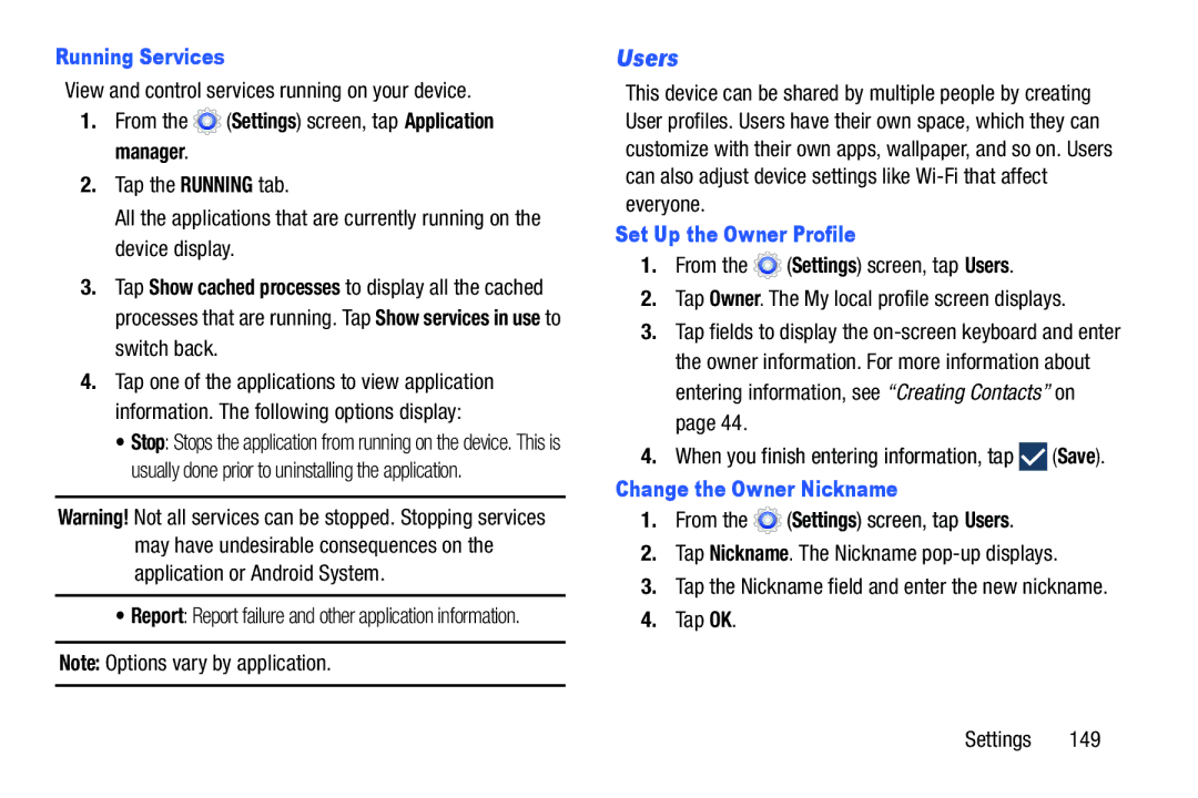 Samsung SMT217TMKATMB, Tab3 user manual Users, Running Services, Set Up the Owner Profile, Change the Owner Nickname 