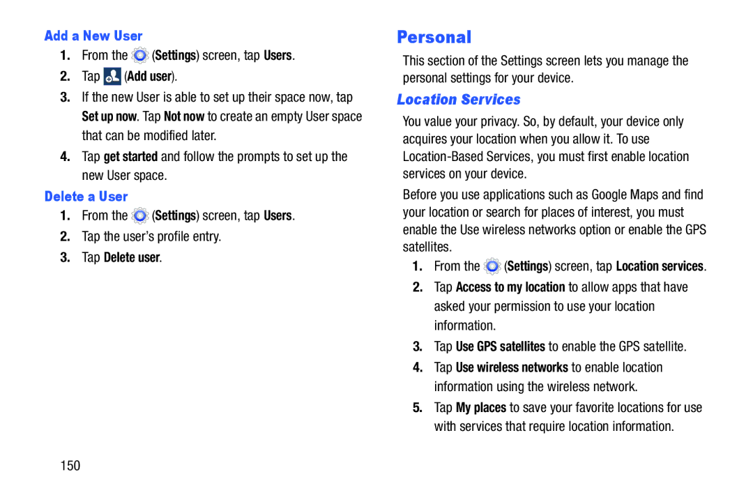 Samsung Tab3, SMT217TMKATMB user manual Personal, Location Services, Add a New User, Delete a User, Tap Delete user 