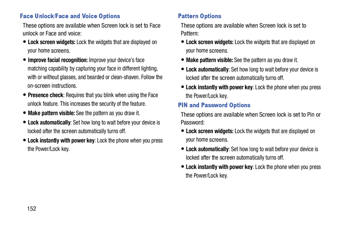 Samsung Tab3, SMT217TMKATMB user manual Face Unlock/Face and Voice Options, Pattern Options, PIN and Password Options, 152 