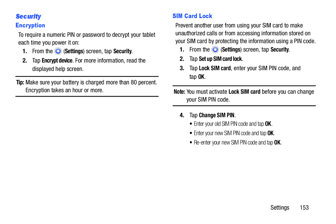 Samsung SMT217TMKATMB, Tab3 user manual Security, Encryption, SIM Card Lock, Tap Set up SIM card lock, Tap Change SIM PIN 