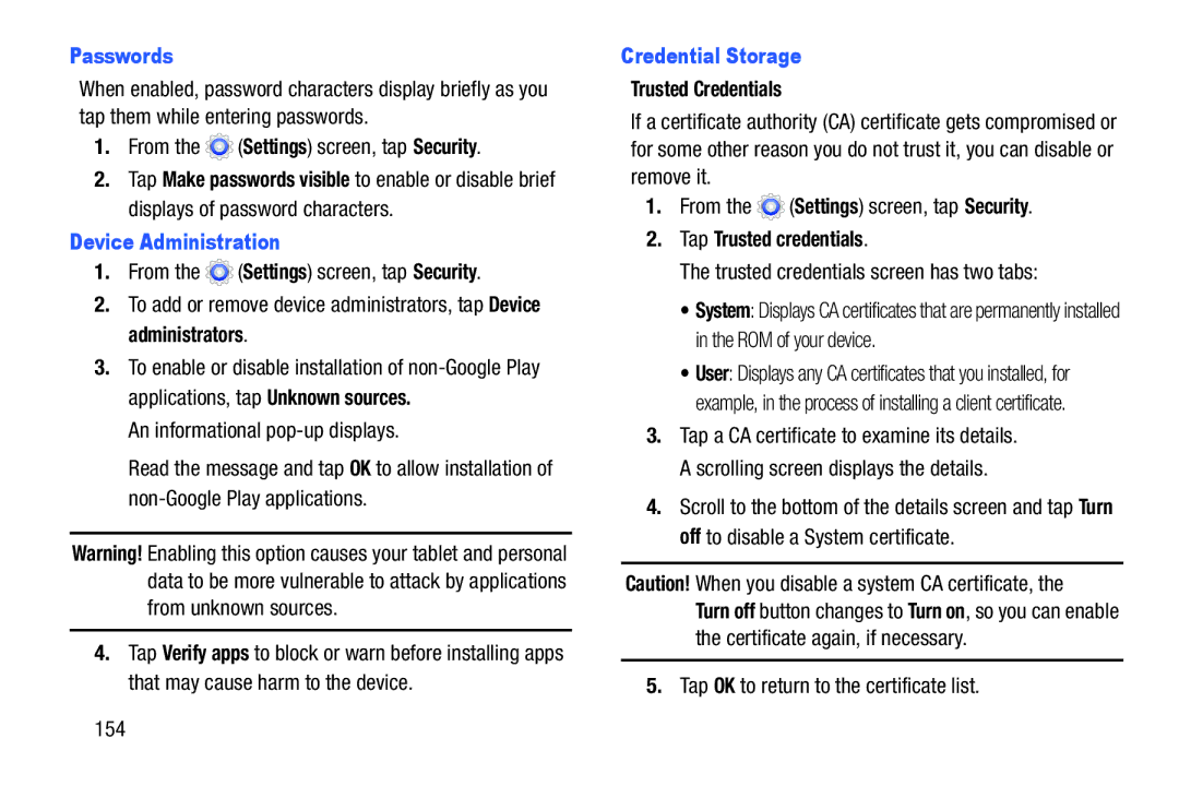 Samsung Tab3 user manual Passwords, Device Administration, Credential Storage, Trusted Credentials, Tap Trusted credentials 