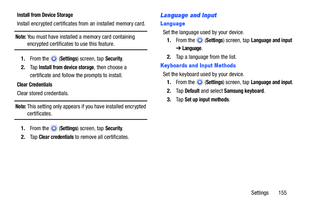 Samsung SMT217TMKATMB Language and Input, Install from Device Storage, Clear Credentials, Keyboards and Input Methods 