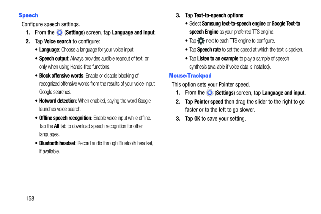 Samsung Tab3, SMT217TMKATMB user manual Speech, Mouse/Trackpad 