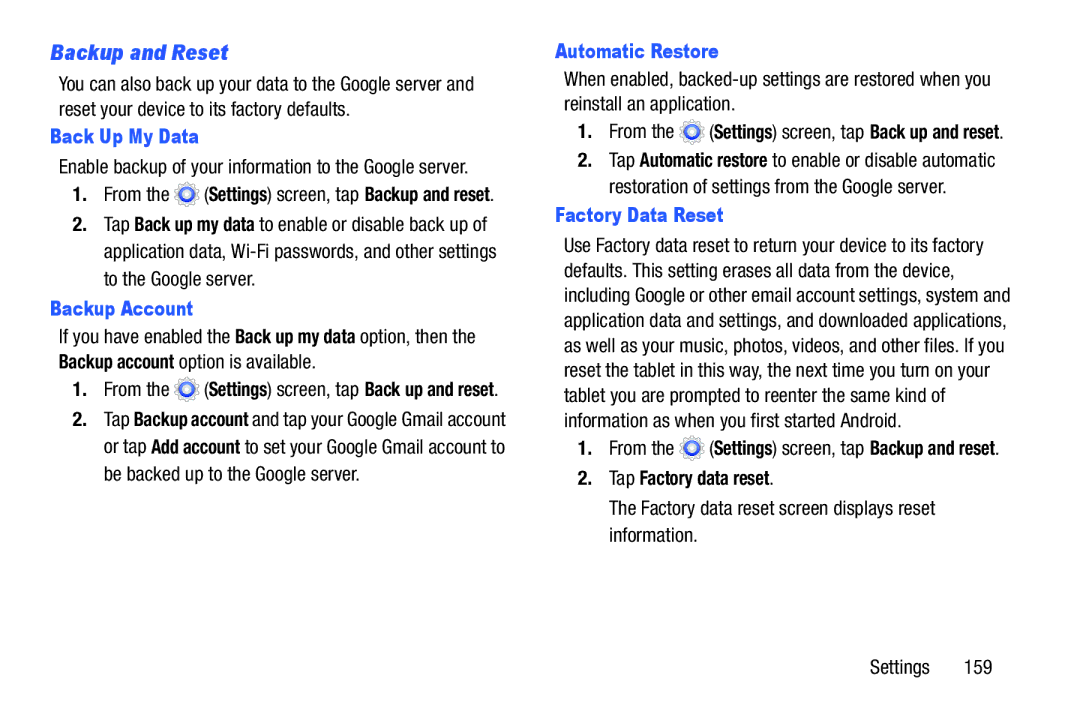 Samsung SMT217TMKATMB, Tab3 Backup and Reset, Back Up My Data, Backup Account, Automatic Restore, Factory Data Reset 