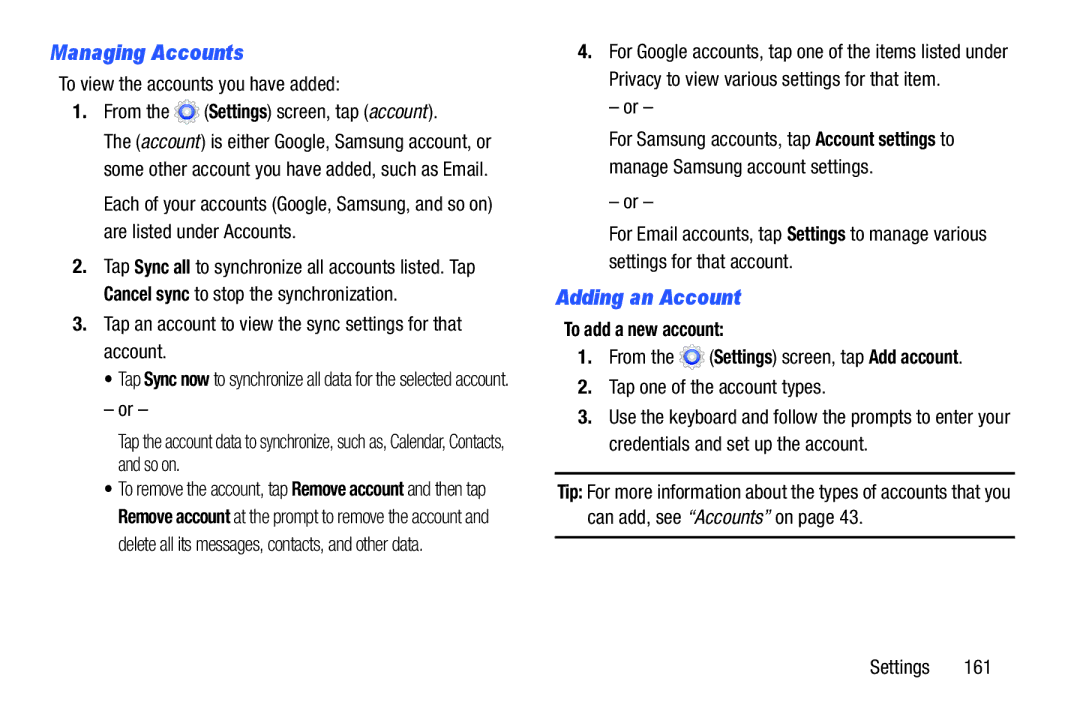 Samsung SMT217TMKATMB Managing Accounts, Adding an Account, Tap an account to view the sync settings for that account 