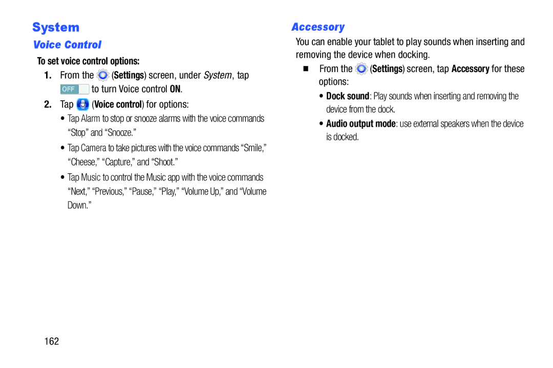 Samsung Tab3 Voice Control, Accessory, To set voice control options, From the Settings screen, under System, tap 