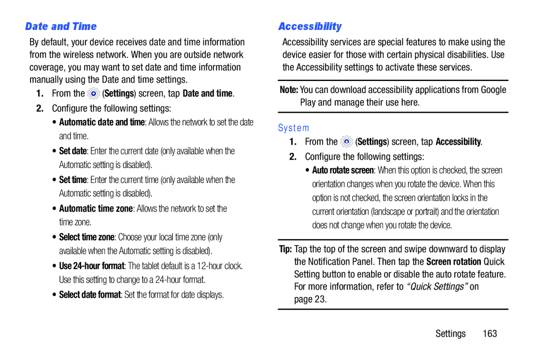 Samsung SMT217TMKATMB, Tab3 user manual Date and Time, Accessibility, Configure the following settings 