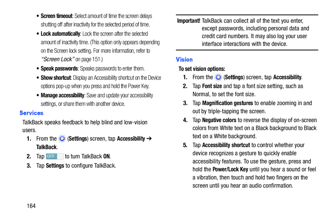 Samsung Tab3, SMT217TMKATMB Services, Vision, To set vision options, 164, Speak passwords Speaks passwords to enter them 