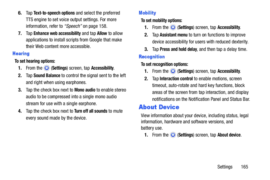 Samsung SMT217TMKATMB, Tab3 user manual About Device, Hearing, Mobility, Recognition 