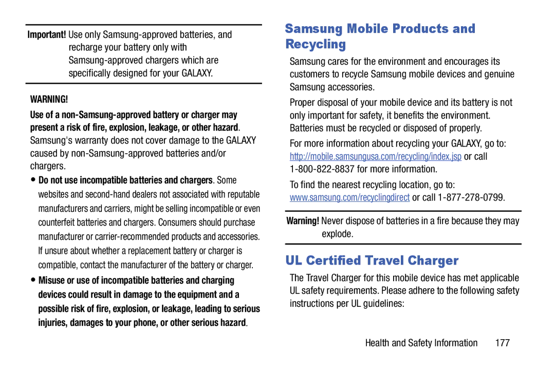 Samsung SMT217TMKATMB, Tab3 user manual Samsung Mobile Products and Recycling, UL Certified Travel Charger, 177 