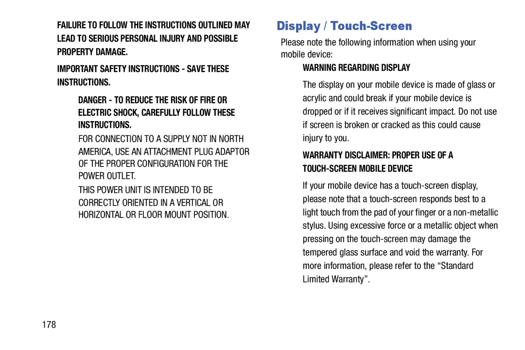 Samsung Tab3, SMT217TMKATMB user manual Display / Touch-Screen, 178 