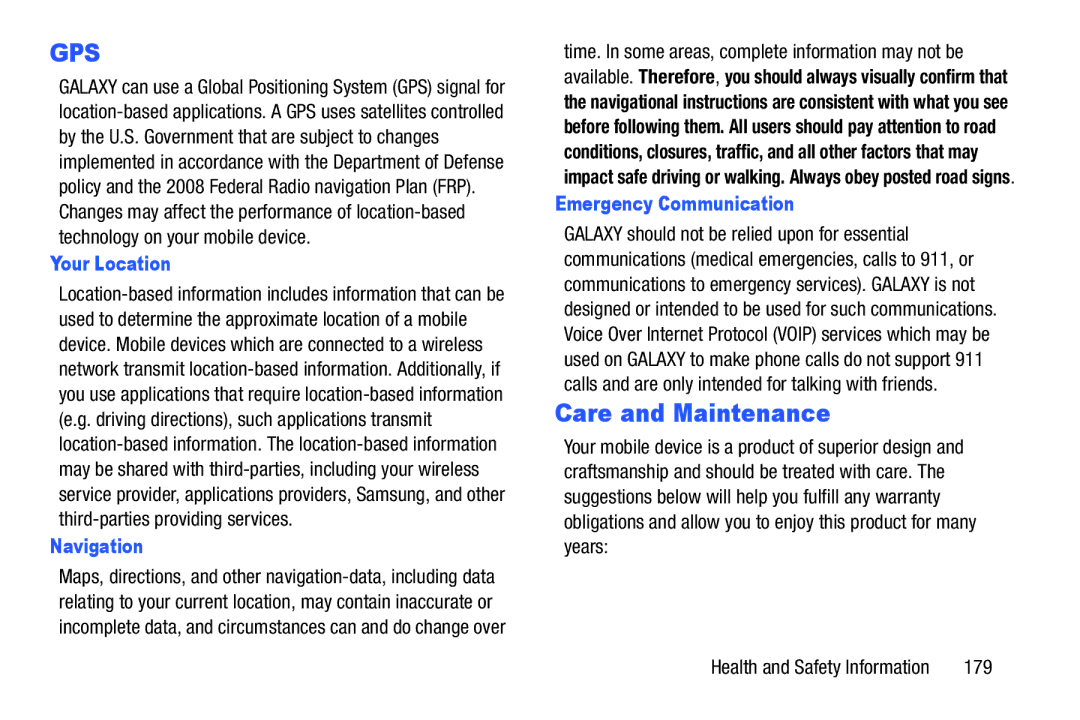 Samsung SMT217TMKATMB, Tab3 user manual Care and Maintenance, Your Location, Navigation, Emergency Communication 