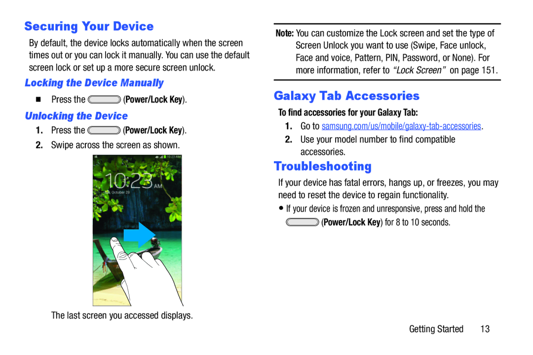 Samsung SMT217TMKATMB, Tab3 Securing Your Device, Galaxy Tab Accessories, Troubleshooting, Locking the Device Manually 