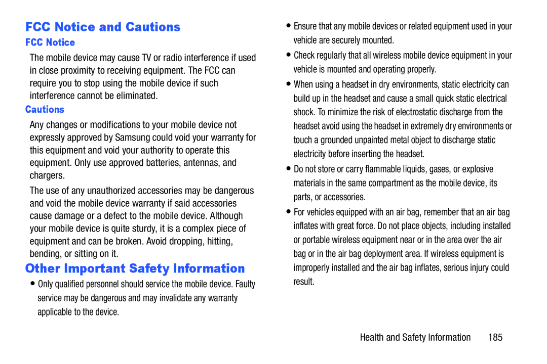 Samsung SMT217TMKATMB, Tab3 user manual FCC Notice and Cautions, Other Important Safety Information, 185 