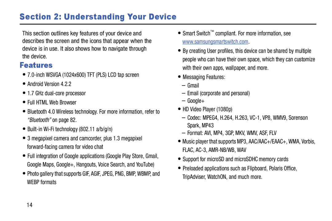 Samsung Tab3 Features, Support for microSD and microSDHC memory cards, Inch Wsvga 1024x600 TFT PLS LCD tap screen 