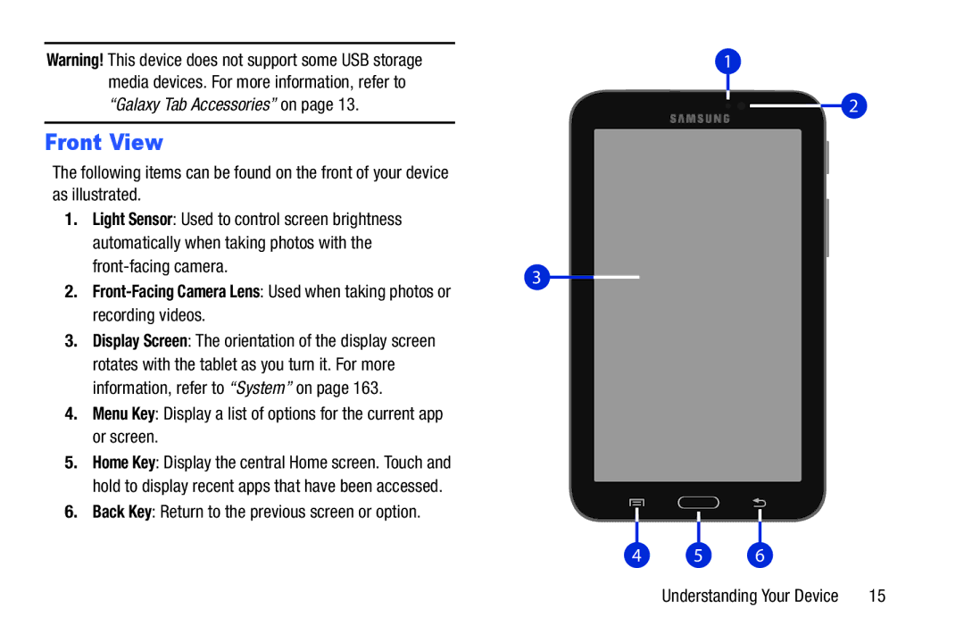 Samsung SMT217TMKATMB, Tab3 user manual Front View, Media devices. For more information, refer to 