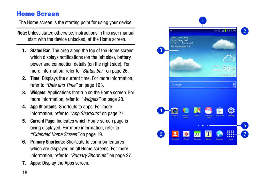 Samsung Tab3 user manual Home Screen, Home screen is the starting point for using your device, Apps Display the Apps screen 