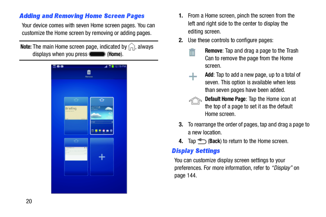 Samsung Tab3, SMT217TMKATMB user manual Display Settings, Adding and Removing Home Screen Pages 